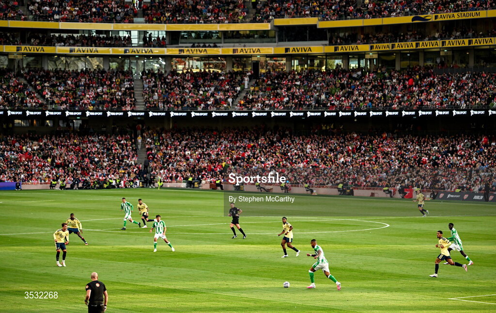 5 August 2026; A general view of the action during the pre-season friendly match between Arsenal and Real Betis at the Aviva Stadium in Dublin. Photo by Stephen McCarthy/Sportsfile