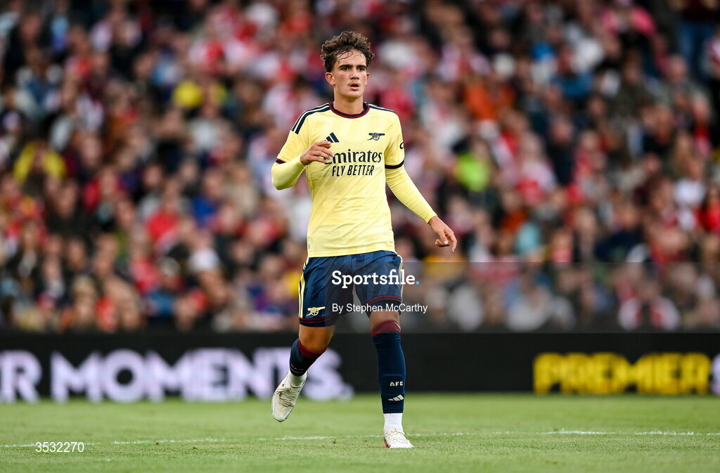 5 August 2026; Max Dowman of Arsenal during the pre-season friendly match between Arsenal and Real Betis at the Aviva Stadium in Dublin. Photo by Stephen McCarthy/Sportsfile