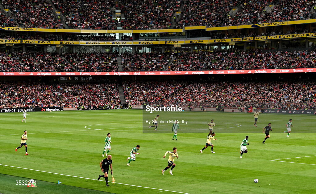 5 August 2026; A general view of the action during the pre-season friendly match between Arsenal and Real Betis at the Aviva Stadium in Dublin. Photo by Stephen McCarthy/Sportsfile