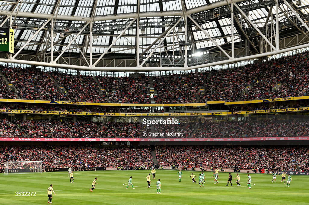 5 August 2026; A general view of the action during the pre-season friendly match between Arsenal and Real Betis at the Aviva Stadium in Dublin. Photo by Stephen McCarthy/Sportsfile