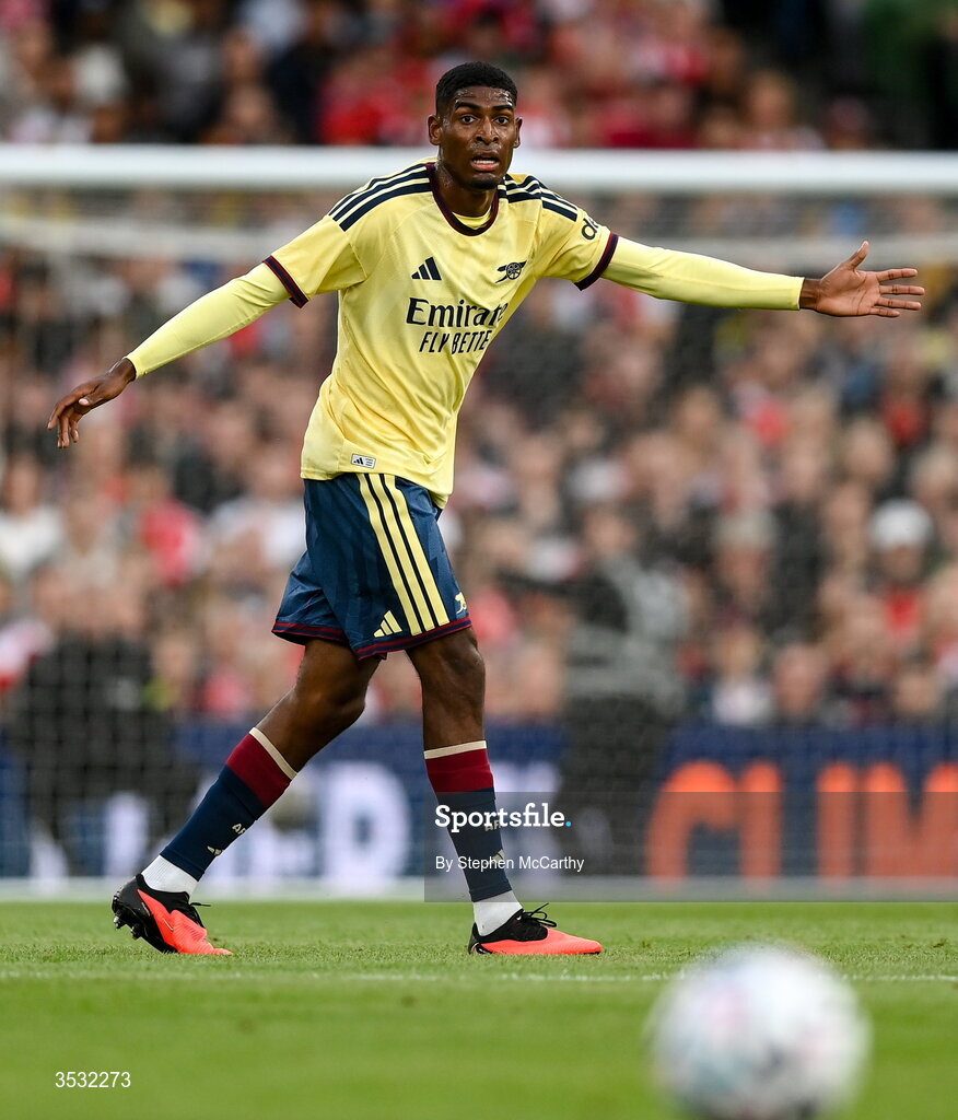 5 August 2026; Cristhian Mosquera of Arsenal during the pre-season friendly match between Arsenal and Real Betis at the Aviva Stadium in Dublin. Photo by Stephen McCarthy/Sportsfile