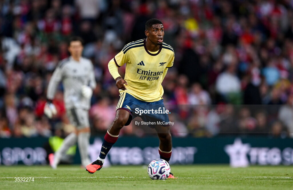 5 August 2026; Cristhian Mosquera of Arsenal during the pre-season friendly match between Arsenal and Real Betis at the Aviva Stadium in Dublin. Photo by Stephen McCarthy/Sportsfile