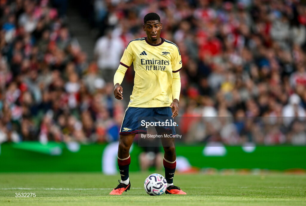 5 August 2026; Cristhian Mosquera of Arsenal during the pre-season friendly match between Arsenal and Real Betis at the Aviva Stadium in Dublin. Photo by Stephen McCarthy/Sportsfile