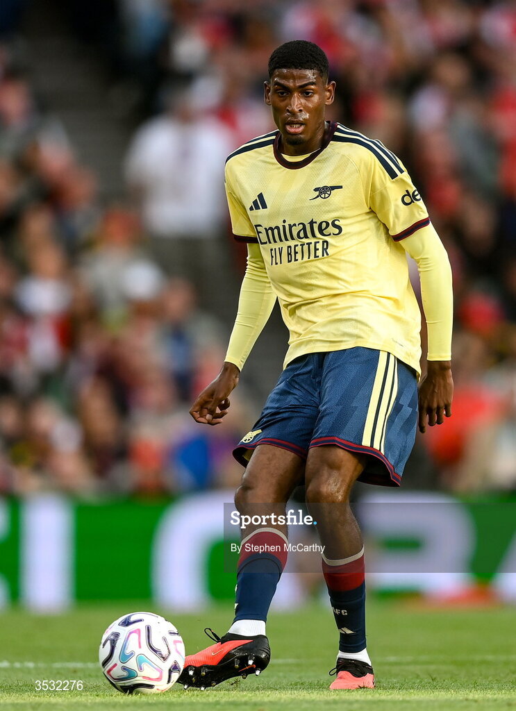 5 August 2026; Cristhian Mosquera of Arsenal during the pre-season friendly match between Arsenal and Real Betis at the Aviva Stadium in Dublin. Photo by Stephen McCarthy/Sportsfile
