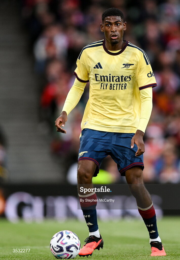 5 August 2026; Cristhian Mosquera of Arsenal during the pre-season friendly match between Arsenal and Real Betis at the Aviva Stadium in Dublin. Photo by Stephen McCarthy/Sportsfile