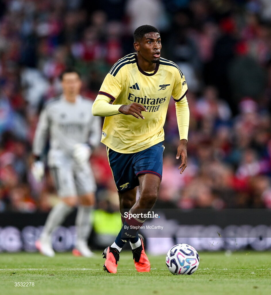 5 August 2026; Cristhian Mosquera of Arsenal during the pre-season friendly match between Arsenal and Real Betis at the Aviva Stadium in Dublin. Photo by Stephen McCarthy/Sportsfile