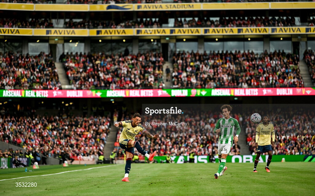 5 August 2026; Ben White of Arsenal during the pre-season friendly match between Arsenal and Real Betis at the Aviva Stadium in Dublin. Photo by Stephen McCarthy/Sportsfile