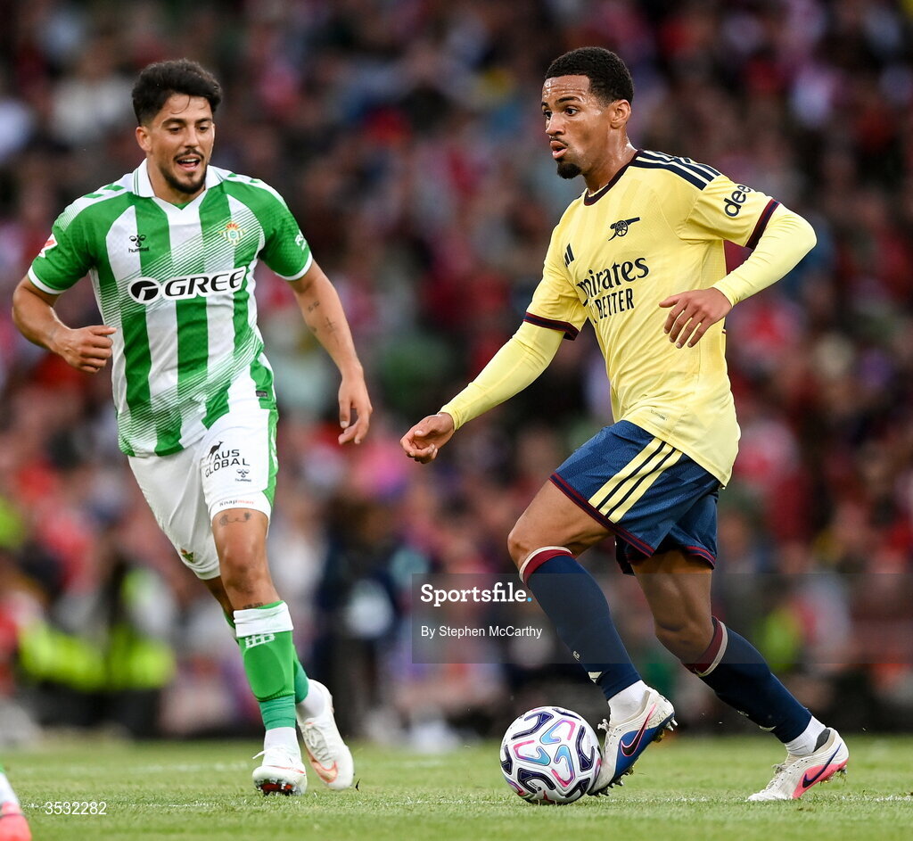 5 August 2026; Ethan Nwaneri of Arsenal during the pre-season friendly match between Arsenal and Real Betis at the Aviva Stadium in Dublin. Photo by Stephen McCarthy/Sportsfile