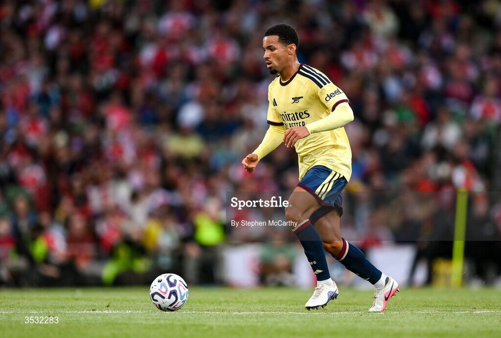 5 August 2026; Ethan Nwaneri of Arsenal during the pre-season friendly match between Arsenal and Real Betis at the Aviva Stadium in Dublin. Photo by Stephen McCarthy/Sportsfile