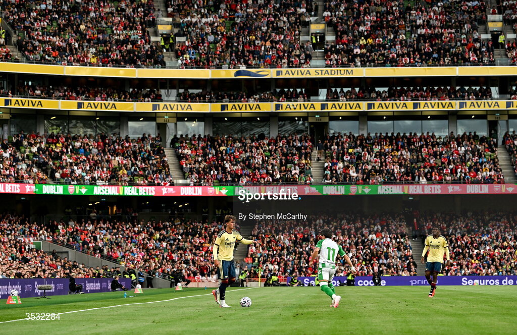 5 August 2026; Max Dowman of Arsenal during the pre-season friendly match between Arsenal and Real Betis at the Aviva Stadium in Dublin. Photo by Stephen McCarthy/Sportsfile