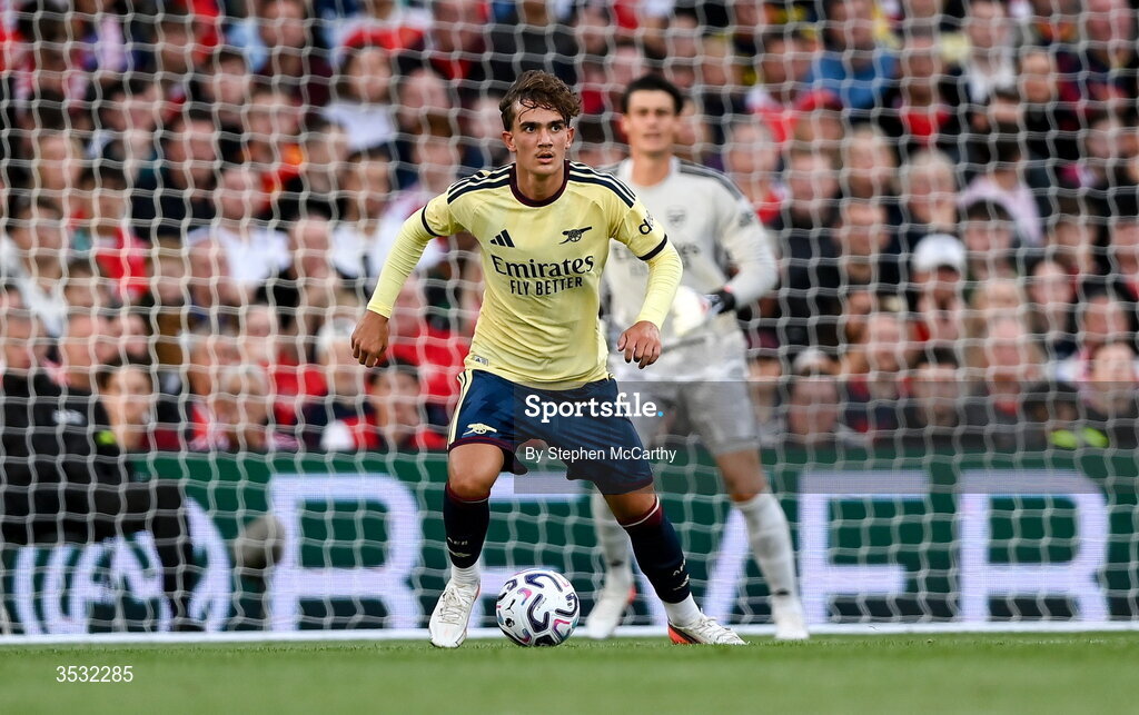 5 August 2026; Max Dowman of Arsenal during the pre-season friendly match between Arsenal and Real Betis at the Aviva Stadium in Dublin. Photo by Stephen McCarthy/Sportsfile