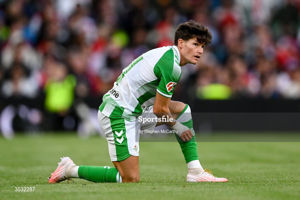 5 August 2026; Fran García of Real Betis during the pre-season friendly match between Arsenal and Real Betis at the Aviva Stadium in Dublin. Photo by Stephen McCarthy/Sportsfile