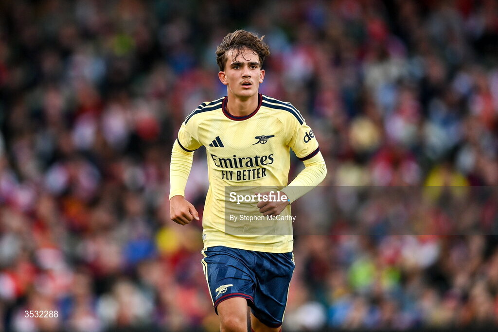 5 August 2026; Max Dowman of Arsenal during the pre-season friendly match between Arsenal and Real Betis at the Aviva Stadium in Dublin. Photo by Stephen McCarthy/Sportsfile