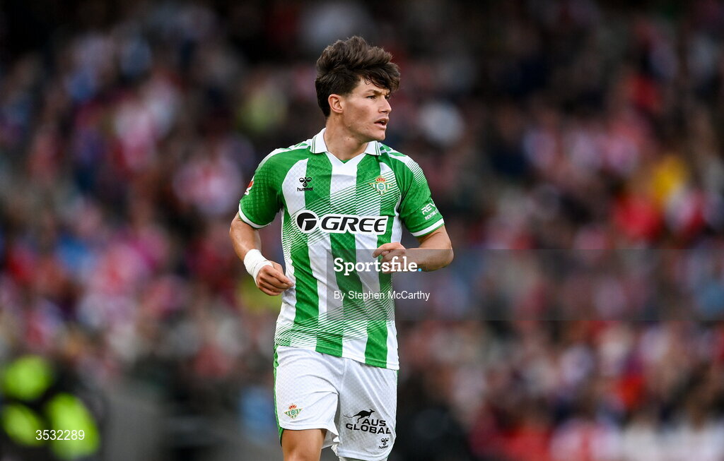 5 August 2026; Fran García of Real Betis during the pre-season friendly match between Arsenal and Real Betis at the Aviva Stadium in Dublin. Photo by Stephen McCarthy/Sportsfile