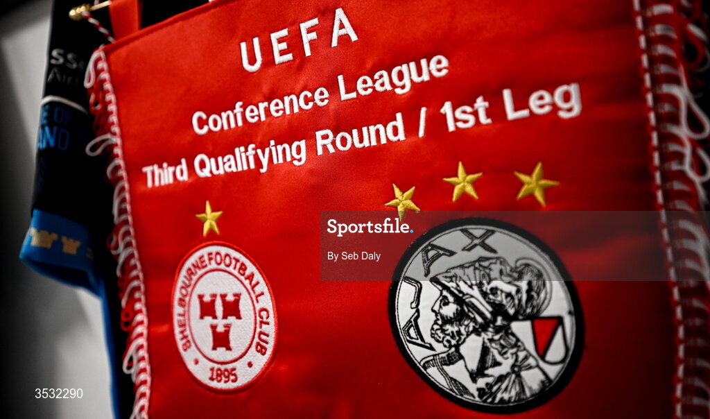 6 August 2026; A detailed view of a match pennant in the Shelbourne dressing room before the UEFA Conference League Third Qualifying Round first leg match between Ajax and Shelbourne at Johan Cruyff Arena in Amsterdam, Netherlands. Photo by Seb Daly/Sportsfile