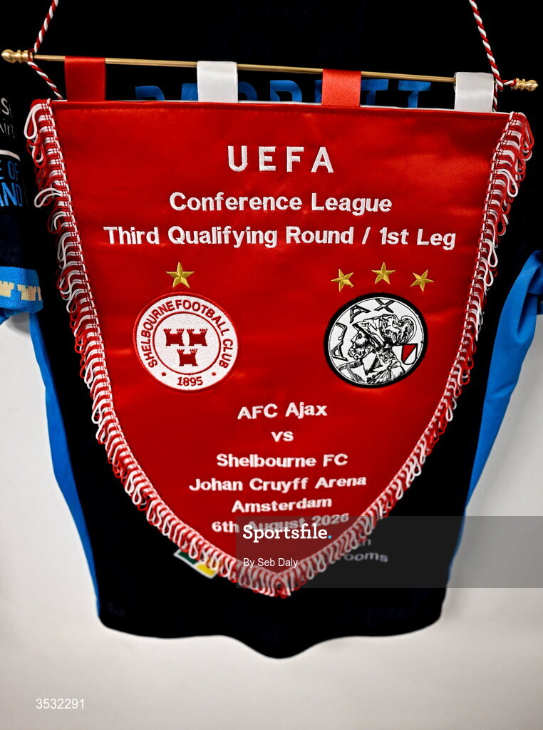 6 August 2026; A detailed view of a match pennant in the Shelbourne dressing room before the UEFA Conference League Third Qualifying Round first leg match between Ajax and Shelbourne at Johan Cruyff Arena in Amsterdam, Netherlands. Photo by Seb Daly/Sportsfile
