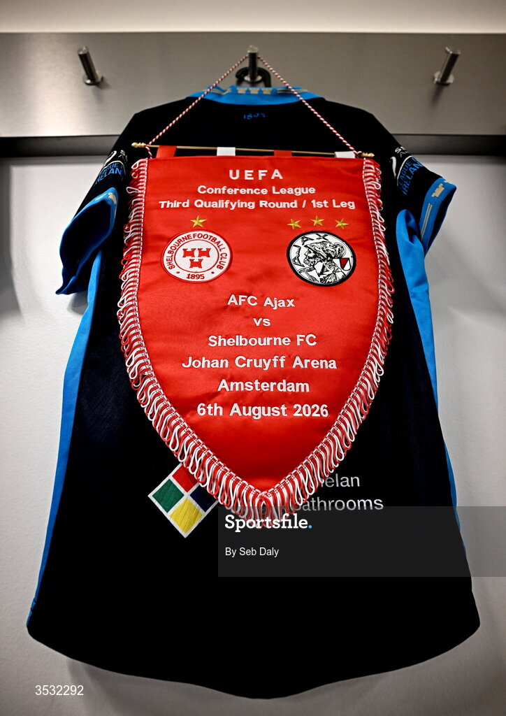 6 August 2026; A detailed view of a match pennant in the Shelbourne dressing room before the UEFA Conference League Third Qualifying Round first leg match between Ajax and Shelbourne at Johan Cruyff Arena in Amsterdam, Netherlands. Photo by Seb Daly/Sportsfile