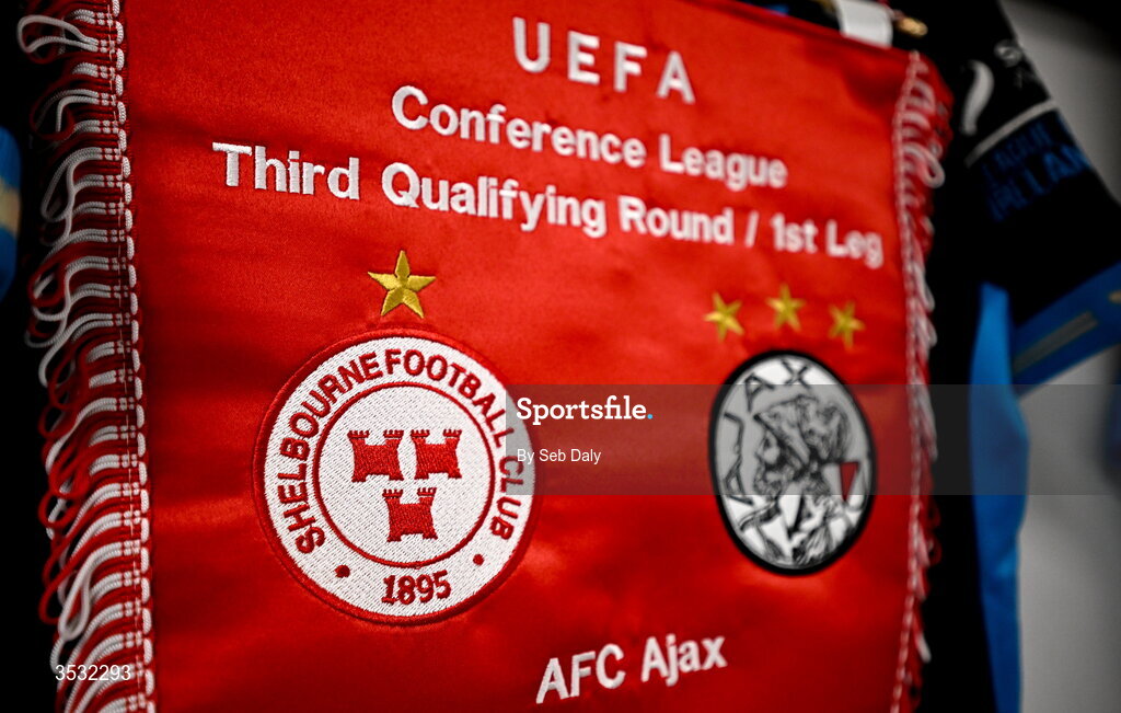 6 August 2026; A detailed view of a match pennant in the Shelbourne dressing room before the UEFA Conference League Third Qualifying Round first leg match between Ajax and Shelbourne at Johan Cruyff Arena in Amsterdam, Netherlands. Photo by Seb Daly/Sportsfile