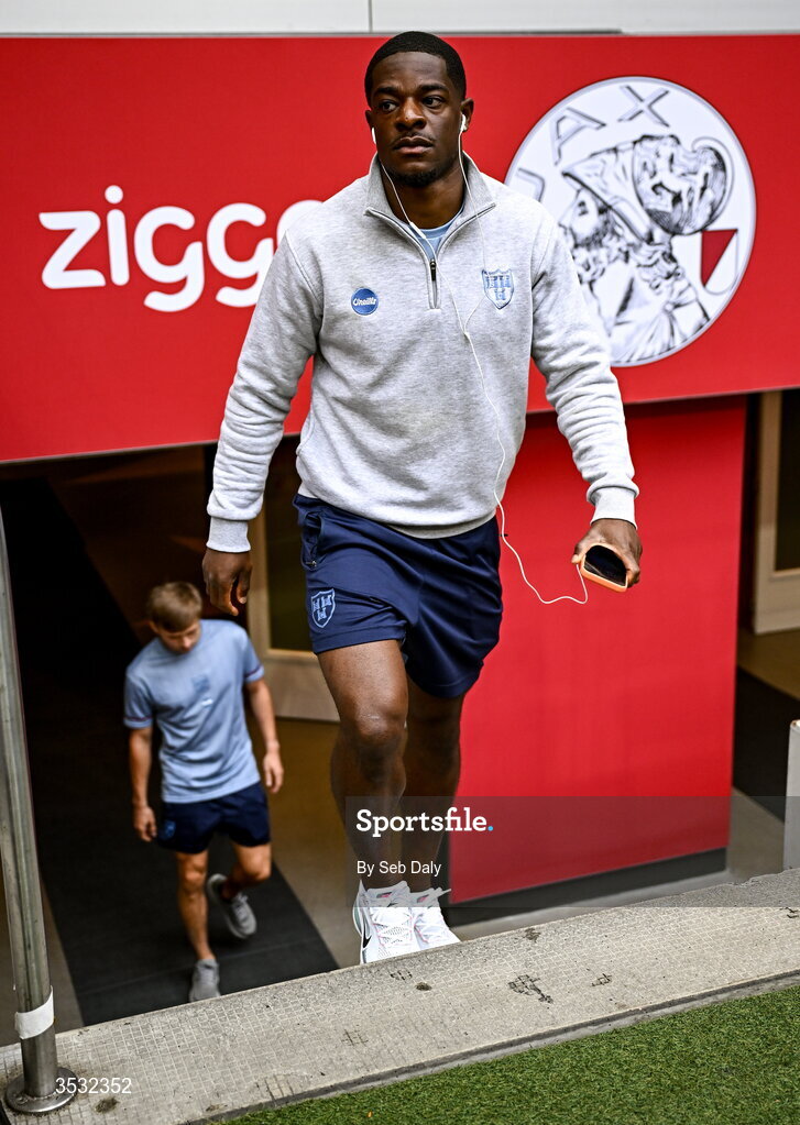 6 August 2026; Mipo Odubeko of Shelbourne walks the pitch before the UEFA Conference League Third Qualifying Round first leg match between Ajax and Shelbourne at Johan Cruyff Arena in Amsterdam, Netherlands. Photo by Seb Daly/Sportsfile