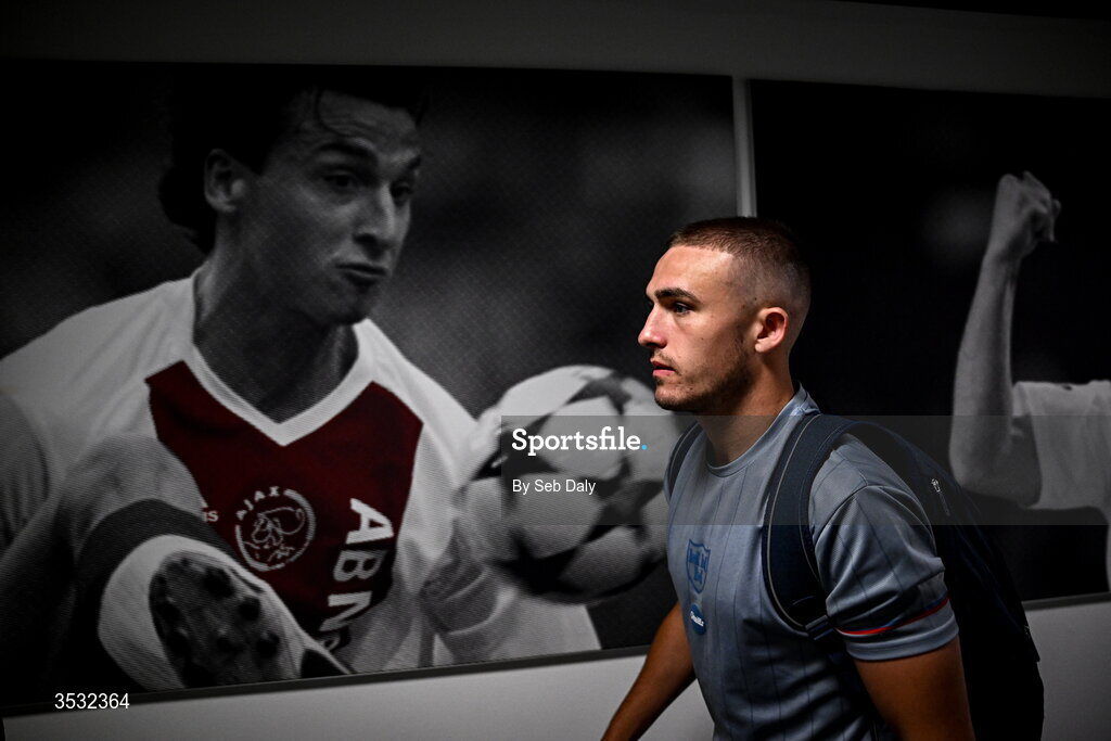 6 August 2026; Evan Caffrey of Shelbourne arrives before the UEFA Conference League Third Qualifying Round first leg match between Ajax and Shelbourne at Johan Cruyff Arena in Amsterdam, Netherlands. Photo by Seb Daly/Sportsfile