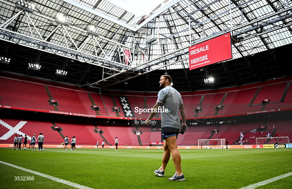 6 August 2026; Paddy Barrett of Shelbourne walks the pitch before the UEFA Conference League Third Qualifying Round first leg match between Ajax and Shelbourne at Johan Cruyff Arena in Amsterdam, Netherlands. Photo by Seb Daly/Sportsfile