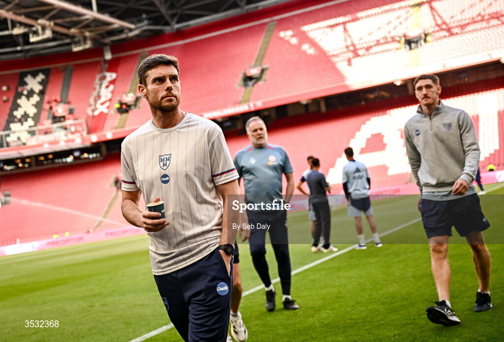 6 August 2026; Shelbourne head coach John Russell walks the pitch before the UEFA Conference League Third Qualifying Round first leg match between Ajax and Shelbourne at Johan Cruyff Arena in Amsterdam, Netherlands. Photo by Seb Daly/Sportsfile