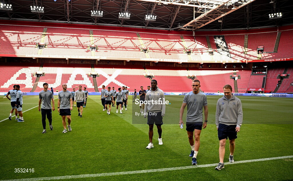 6 August 2026; Shelbourne players walk the pitch before the UEFA Conference League Third Qualifying Round first leg match between Ajax and Shelbourne at Johan Cruyff Arena in Amsterdam, Netherlands. Photo by Seb Daly/Sportsfile