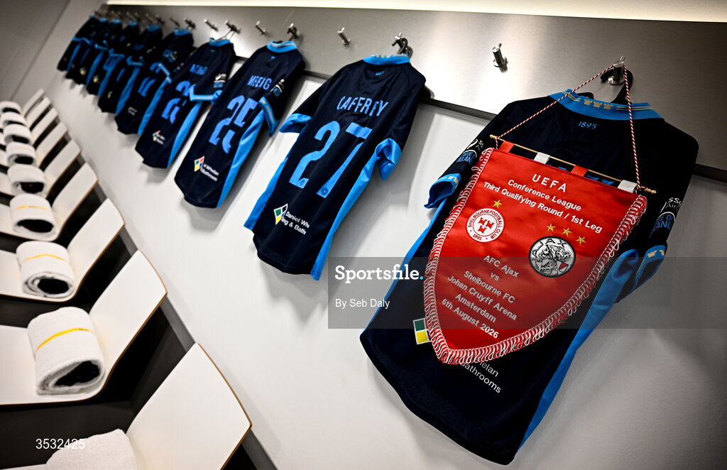 6 August 2026; A match pennant and Shelbourne jerseys hang in the dressing room before the UEFA Conference League Third Qualifying Round first leg match between Ajax and Shelbourne at Johan Cruyff Arena in Amsterdam, Netherlands. Photo by Seb Daly/Sportsfile