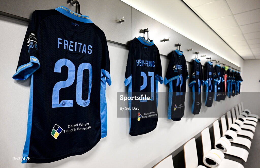 6 August 2026; The jersey of Shelbourne's Rodrigo Freitas hangs in the dressing room before the UEFA Conference League Third Qualifying Round first leg match between Ajax and Shelbourne at Johan Cruyff Arena in Amsterdam, Netherlands. Photo by Seb Daly/Sportsfile