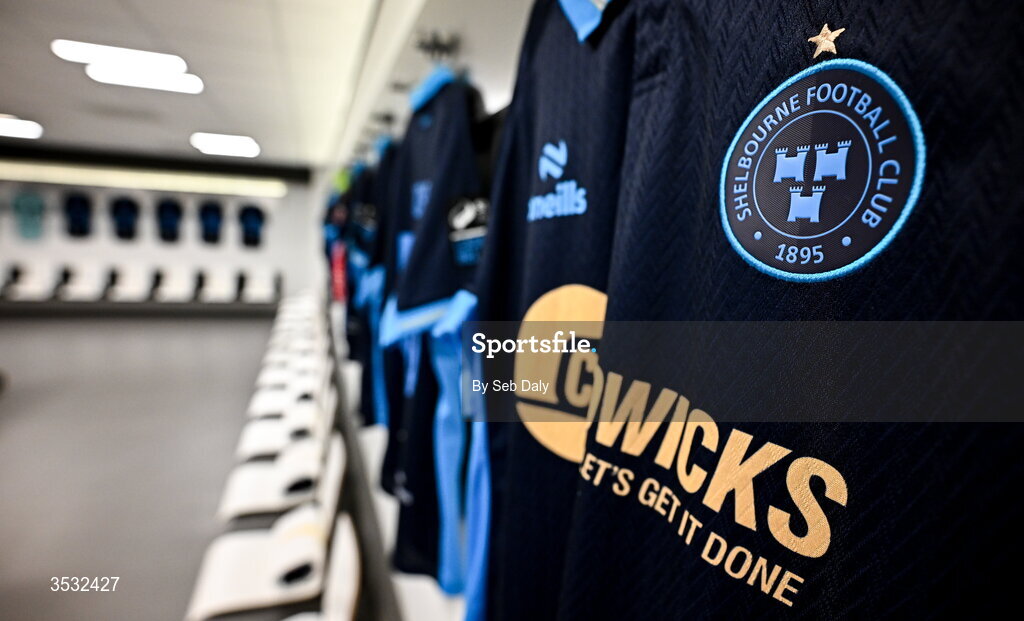 6 August 2026; A detailed view of the Shelbourne crest on a jersey before the UEFA Conference League Third Qualifying Round first leg match between Ajax and Shelbourne at Johan Cruyff Arena in Amsterdam, Netherlands. Photo by Seb Daly/Sportsfile