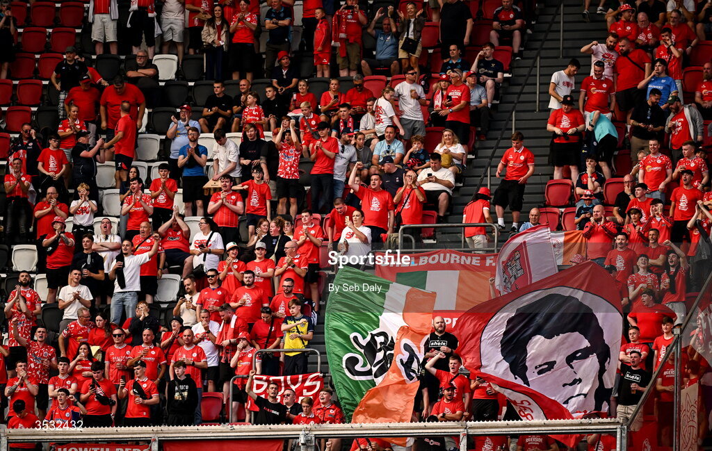 6 August 2026; Shelbourne supporters before the UEFA Conference League Third Qualifying Round first leg match between Ajax and Shelbourne at Johan Cruyff Arena in Amsterdam, Netherlands. Photo by Seb Daly/Sportsfile