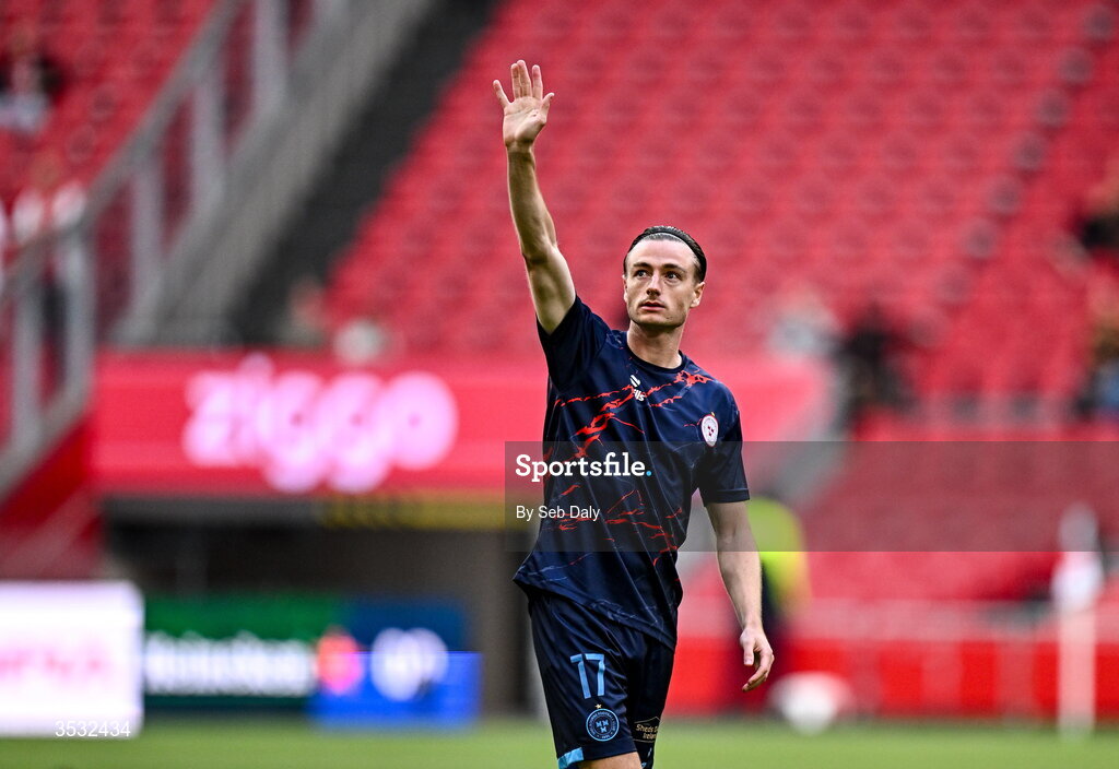 6 August 2026; Daniel Kelly of Shelbourne waves to supporters before the UEFA Conference League Third Qualifying Round first leg match between Ajax and Shelbourne at Johan Cruyff Arena in Amsterdam, Netherlands. Photo by Seb Daly/Sportsfile