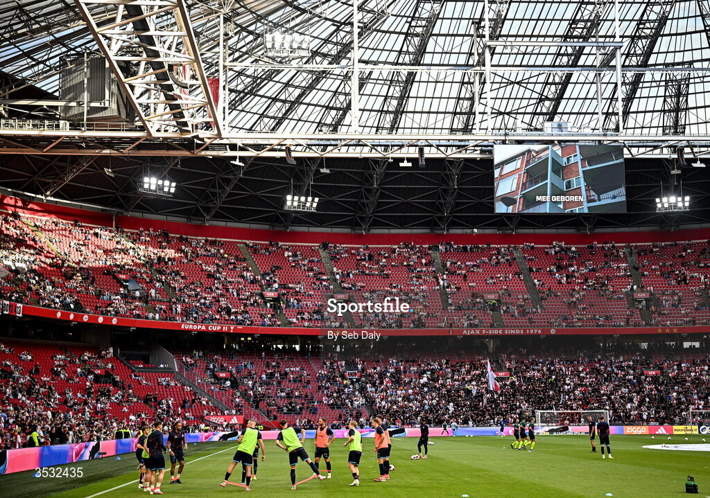 6 August 2026; Shelbourne players warm up before during the UEFA Conference League Third Qualifying Round first leg match between Ajax and Shelbourne at Johan Cruyff Arena in Amsterdam, Netherlands. Photo by Seb Daly/Sportsfile
