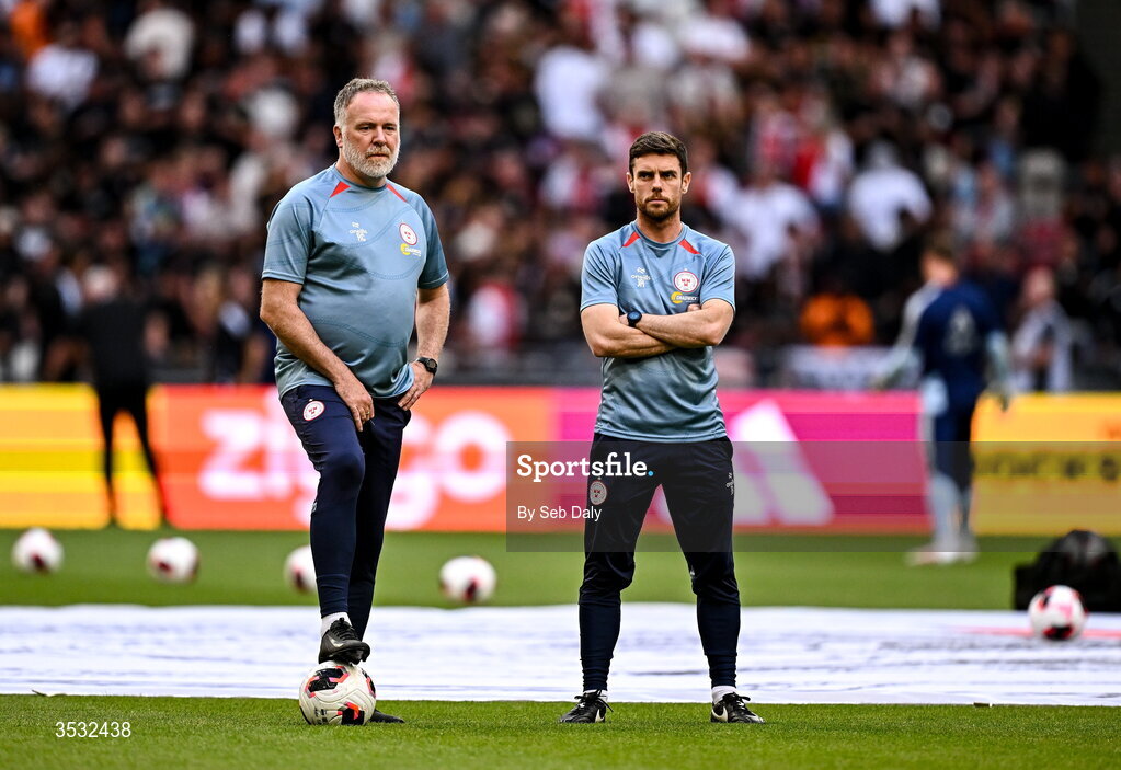 6 August 2026; Shelbourne head coach John Russell, right, and Shelbourne assistant head coach Ryan Casey before the UEFA Conference League Third Qualifying Round first leg match between Ajax and Shelbourne at Johan Cruyff Arena in Amsterdam, Netherlands. Photo by Seb Daly/Sportsfile