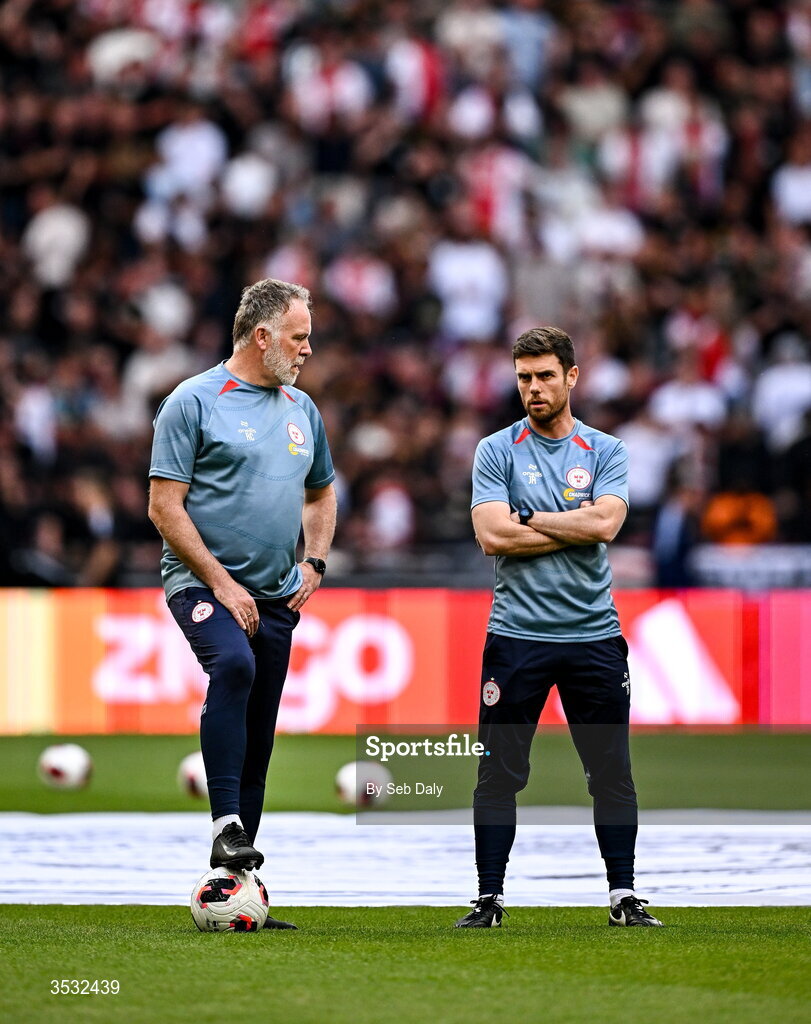 6 August 2026; Shelbourne head coach John Russell, right, and Shelbourne assistant head coach Ryan Casey before the UEFA Conference League Third Qualifying Round first leg match between Ajax and Shelbourne at Johan Cruyff Arena in Amsterdam, Netherlands. Photo by Seb Daly/Sportsfile