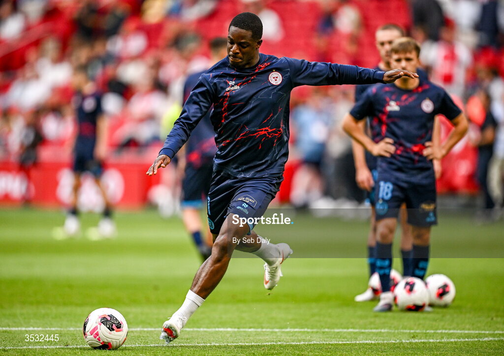 6 August 2026; Mipo Odubeko of Shelbourne warms up before the UEFA Conference League Third Qualifying Round first leg match between Ajax and Shelbourne at Johan Cruyff Arena in Amsterdam, Netherlands. Photo by Seb Daly/Sportsfile