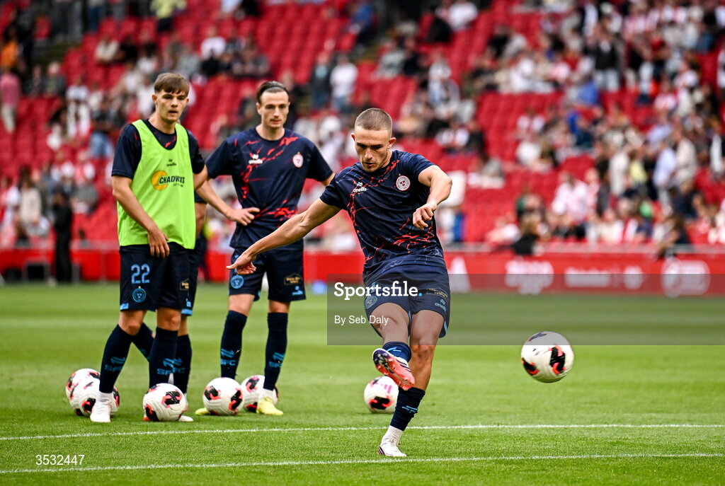 6 August 2026; Evan Caffrey of Shelbourne warms up before the UEFA Conference League Third Qualifying Round first leg match between Ajax and Shelbourne at Johan Cruyff Arena in Amsterdam, Netherlands. Photo by Seb Daly/Sportsfile