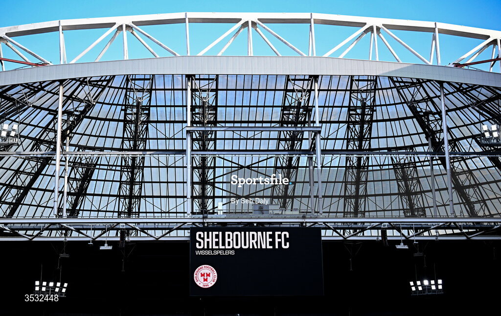 6 August 2026; Shelbourne FC is seen on the big screen before the UEFA Conference League Third Qualifying Round first leg match between Ajax and Shelbourne at Johan Cruyff Arena in Amsterdam, Netherlands. Photo by Seb Daly/Sportsfile