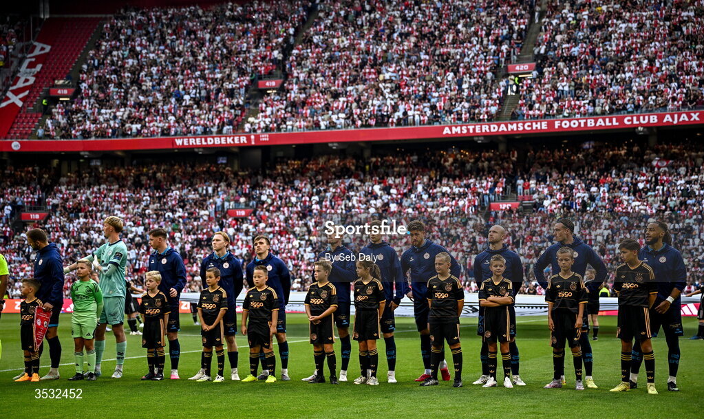 6 August 2026; Shelbourne players line up before the UEFA Conference League Third Qualifying Round first leg match between Ajax and Shelbourne at Johan Cruyff Arena in Amsterdam, Netherlands. Photo by Seb Daly/Sportsfile