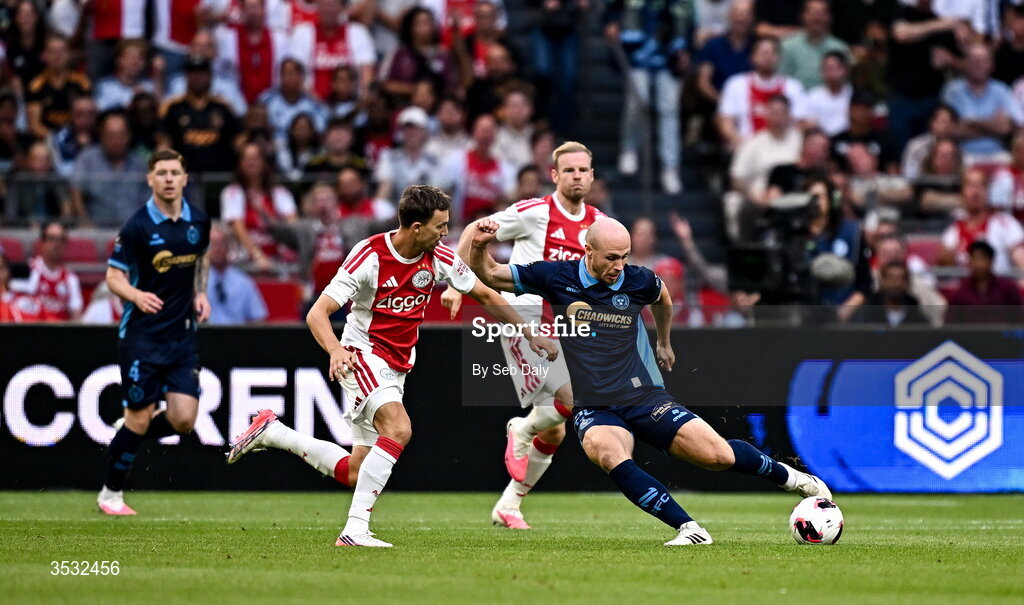 6 August 2026; Kerr McInroy of Shelbourne in action against Youri Regeer of Ajax during the UEFA Conference League Third Qualifying Round first leg match between Ajax and Shelbourne at Johan Cruyff Arena in Amsterdam, Netherlands. Photo by Seb Daly/Sportsfile