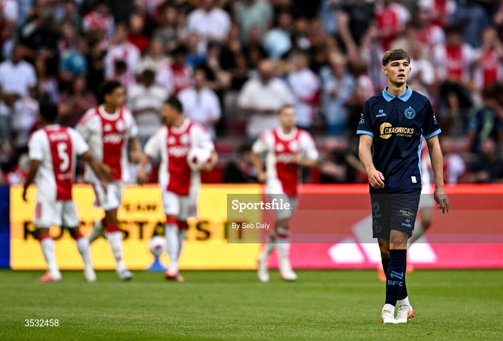 6 August 2026; Sean Moore of Shelbourne reacts after his side conceded a first goal during the UEFA Conference League Third Qualifying Round first leg match between Ajax and Shelbourne at Johan Cruyff Arena in Amsterdam, Netherlands. Photo by Seb Daly/Sportsfile