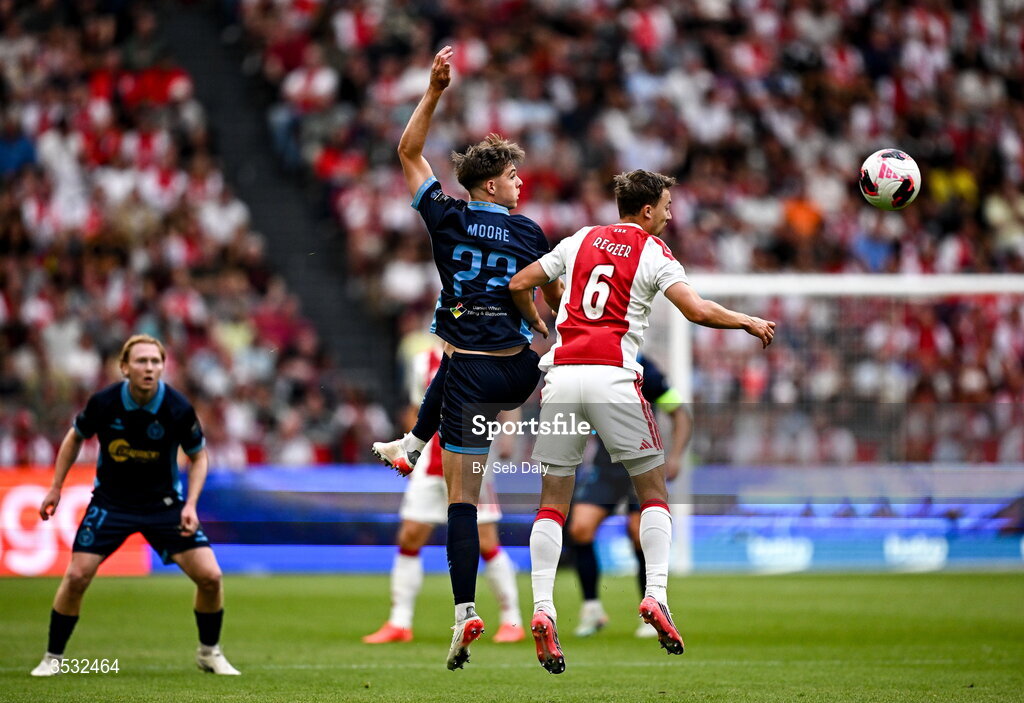6 August 2026; Sean Moore of Shelbourne in action against Youri Regeer of Ajax during the UEFA Conference League Third Qualifying Round first leg match between Ajax and Shelbourne at Johan Cruyff Arena in Amsterdam, Netherlands. Photo by Seb Daly/Sportsfile