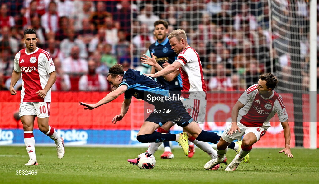 6 August 2026; Daniel Kelly of Shelbourne is tackled by Davy Klaassen and Youri Regeer of Ajax during the UEFA Conference League Third Qualifying Round first leg match between Ajax and Shelbourne at Johan Cruyff Arena in Amsterdam, Netherlands. Photo by Seb Daly/Sportsfile