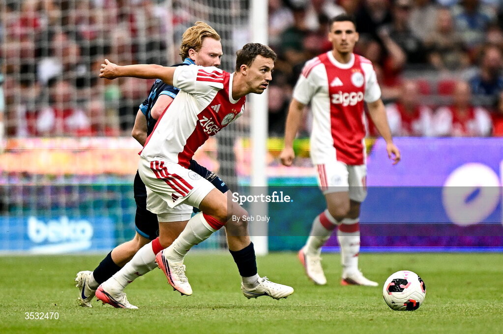 6 August 2026; Youri Regeer of Ajax in action against Jack Henry-Francis of Shelbourne during the UEFA Conference League Third Qualifying Round first leg match between Ajax and Shelbourne at Johan Cruyff Arena in Amsterdam, Netherlands. Photo by Seb Daly/Sportsfile