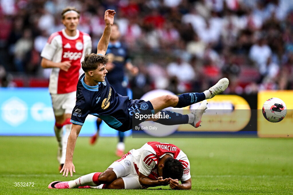 6 August 2026; Sean Moore of Shelbourne in action against Owen Wijndal of Ajax during the UEFA Conference League Third Qualifying Round first leg match between Ajax and Shelbourne at Johan Cruyff Arena in Amsterdam, Netherlands. Photo by Seb Daly/Sportsfile