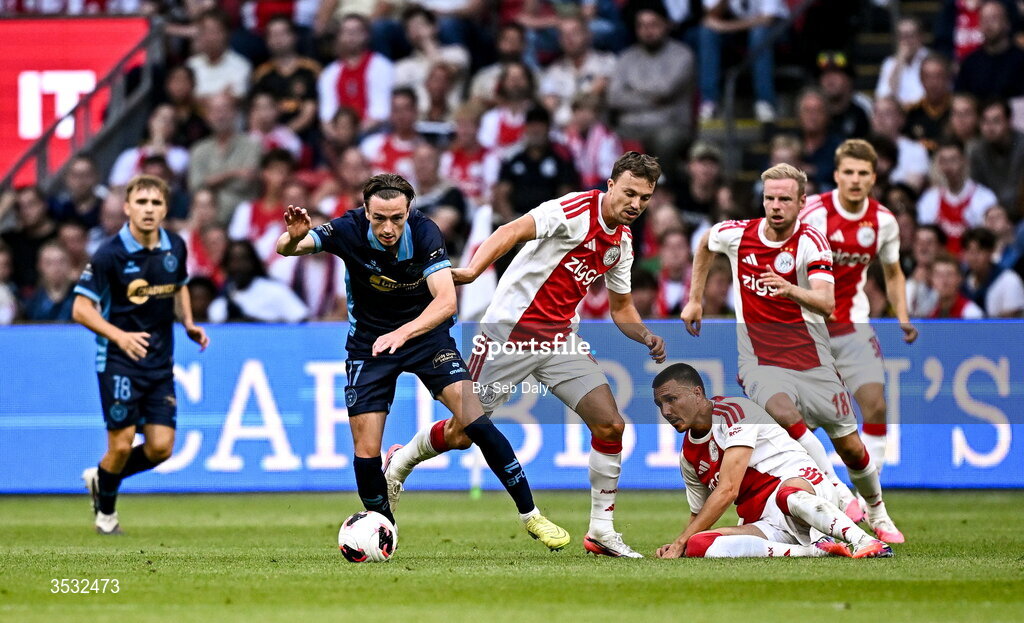 6 August 2026; Daniel Kelly of Shelbourne in action against Youri Regeer of Ajax during the UEFA Conference League Third Qualifying Round first leg match between Ajax and Shelbourne at Johan Cruyff Arena in Amsterdam, Netherlands. Photo by Seb Daly/Sportsfile