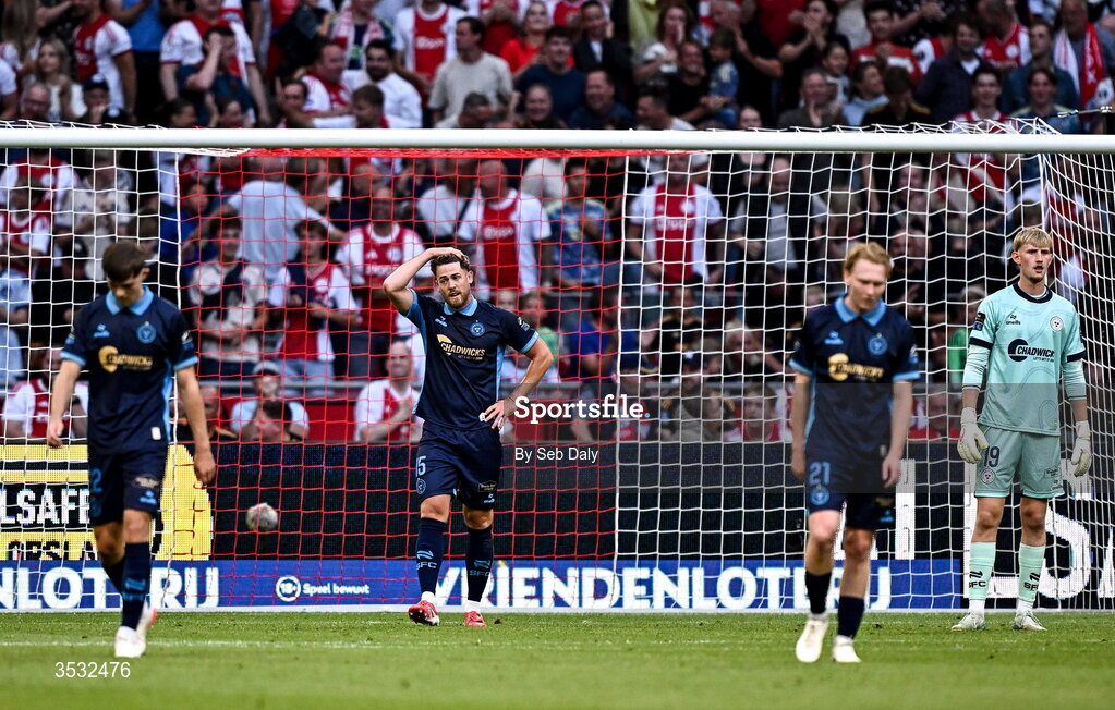 6 August 2026; Sam Bone of Shelbourne reacts after his team conceded a second goal during the UEFA Conference League Third Qualifying Round first leg match between Ajax and Shelbourne at Johan Cruyff Arena in Amsterdam, Netherlands. Photo by Seb Daly/Sportsfile
