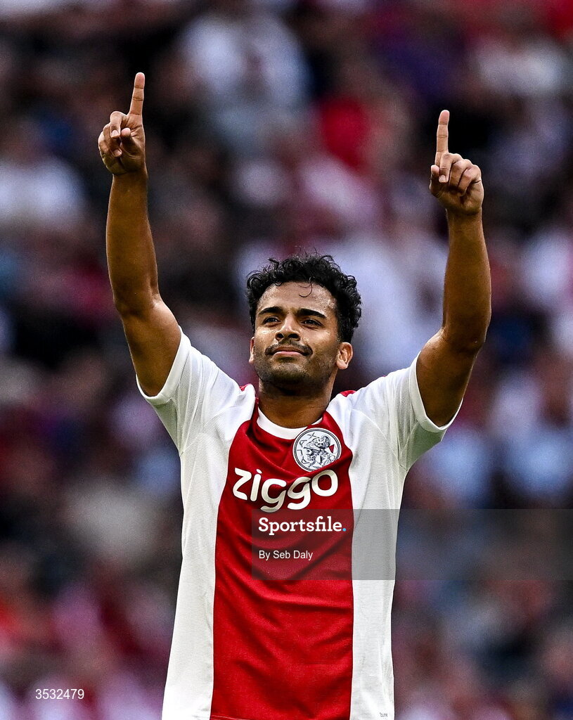6 August 2026; Owen Wijndal of Ajax celebrates after scoring his side's second goal during the UEFA Conference League Third Qualifying Round first leg match between Ajax and Shelbourne at Johan Cruyff Arena in Amsterdam, Netherlands. Photo by Seb Daly/Sportsfile