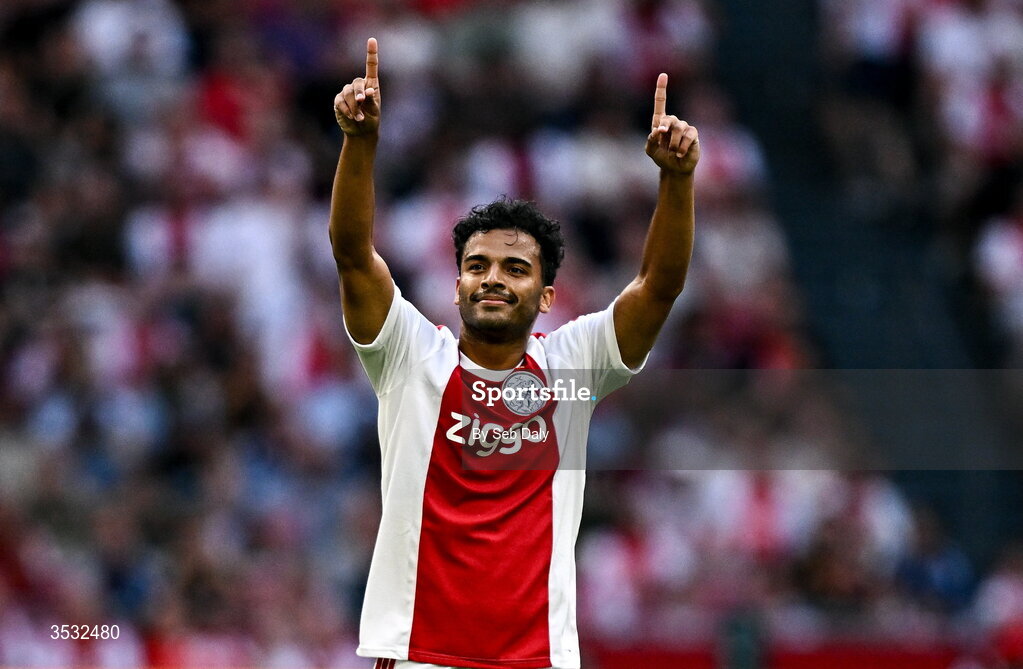 6 August 2026; Owen Wijndal of Ajax celebrates after scoring his side's second goal during the UEFA Conference League Third Qualifying Round first leg match between Ajax and Shelbourne at Johan Cruyff Arena in Amsterdam, Netherlands. Photo by Seb Daly/Sportsfile
