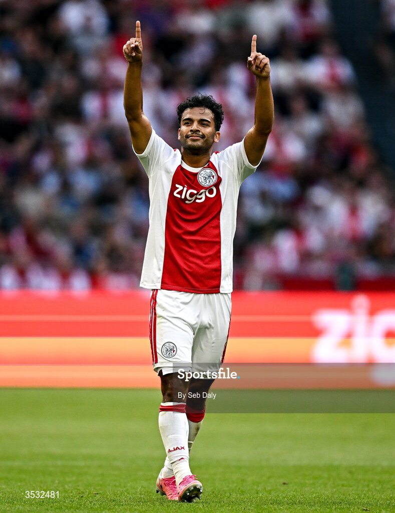 6 August 2026; Owen Wijndal of Ajax celebrates after scoring his side's second goal during the UEFA Conference League Third Qualifying Round first leg match between Ajax and Shelbourne at Johan Cruyff Arena in Amsterdam, Netherlands. Photo by Seb Daly/Sportsfile